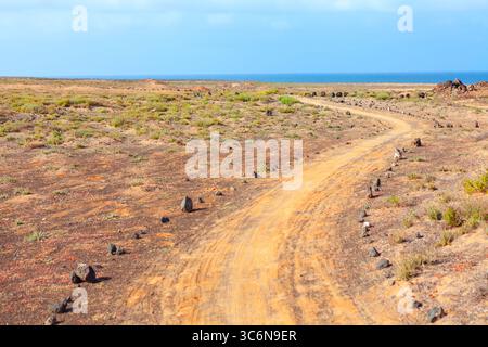 Die unbefestigte Straße schlängelt sich durch eine trockene Landschaft, die sich in Richtung eines fernen Ozeans erstreckt. Ein einsamer Pfad führt durch eine einsame, aber wunderschöne vulkanische Ebene Stockfoto