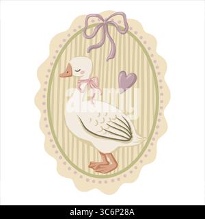 Niedliches Gänsedesign im Vintage-Cottagecore mit Schleife und Herz auf gestreiftem Hintergrund. Grün und orange im romantischen Coquette-Stil. Ideal für Stock Vektor