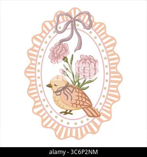 Vintage kleine Vogel- und Nelkenblume in einem wellenförmigen ovalen Rahmen. Romantisches Coquette-Design in sanften Farben. Perfekt für Grußkarten oder Muttertag Stock Vektor