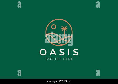 Linear Oasis Logo Abzeichen Schönheit Wildnis Wüste Dünen Palmen Datum Konzept Schild Symbol Stock Vektor