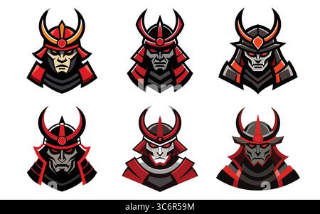 Samurai-Krieger-Kopf-Logos, Bündel von Samurai-Ikonen, Samurai-Ikonen Stock Vektor