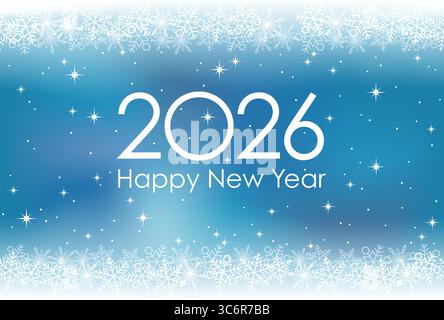 Neujahrsgrußkarte 2026 mit Schneeflocken auf blauem abstraktem Hintergrund. Vektorabbildung. Stock Vektor