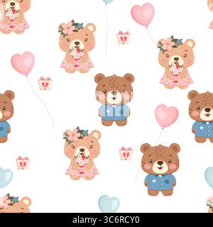 Nahtloses Muster mit süßen Teddybären, Herzballons und Geschenken Stock Vektor