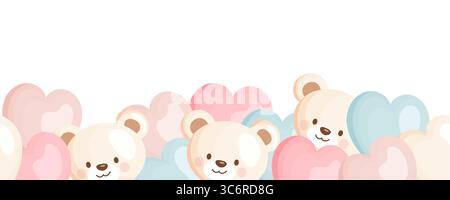 Nahtloser Rand mit großen Herzballons und Teddybären Stock Vektor