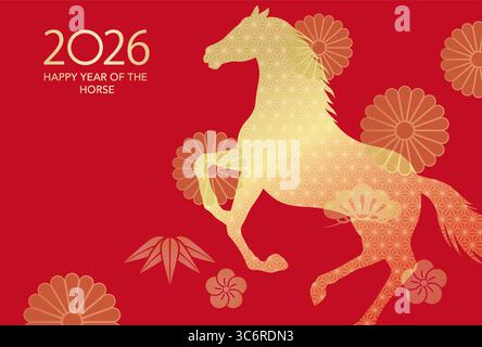2026, Jahr des Pferdes, Vektor-Neujahrs-Grußkarte Vorlage mit Einer tanzenden Pferd Silhouette und Textraum auf Einem hellen roten Hintergrund. Stock Vektor