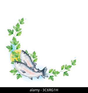 Meeresfrüchte-Rahmen in Aquarellfarben mit Petersilie, Lachs und Zitronenscheibe auf weißem Hintergrund. Hellblauer Aquarellschatten unter Fischen. Mittlerer Raum links Stockfoto
