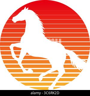 Das Jahr des Pferdes chinesisches Sternzeichen mit Einer Silhouette des tanzenden Pferdes und Sonnenaufgang isoliert auf weißem Hintergrund. Vektorabbildung. Stock Vektor