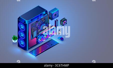 Isometrisches Konzept der Gaming-Computer-Baugruppe. Computerteile. CPU, GPU, Motherboard, Systemgehäuse, RAM-Speicher, Kühler. Kundenspezifische Montage pc Desktop Computer Stock Vektor