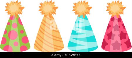 Festliches Set farbenfroher Partyhüte. Für Geburtstags- und festliche Designs. Stock Vektor