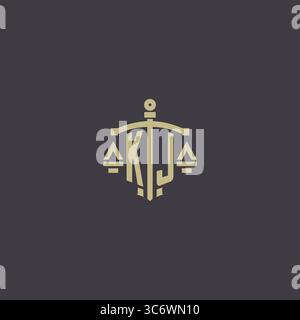 Anfängliches KJ-Logo für Anwaltskanzlei und Anwalt mit kreativer Skala und Schwert Icon Design Vektor Grafik Vektor Grafik Stock Vektor