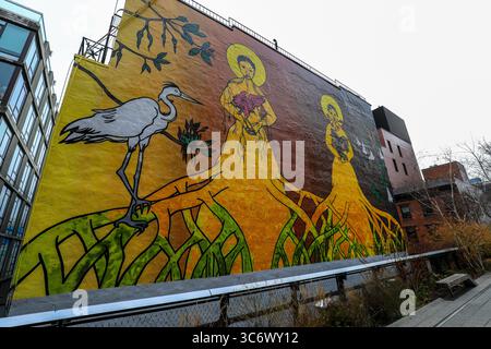 Panoramablick entlang des Highline Gartens und Naturspaziergang in New York Stockfoto