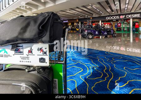 Passagiere und Gepäck, Abflughalle, Chek Lap Kok, Hong Kong International Airport, SAR, China Stockfoto