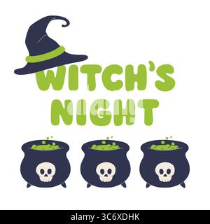 Vektor Halloween Illustration mit Hexenhut, drei kochende Kessel mit Schädeln und grünem Trank. Gruseliges Zeichentrickdesign, perfekt für Grußkarten Stock Vektor
