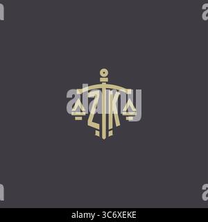 Anfängliches ZK-Logo für Anwaltskanzlei und Anwalt mit kreativer Skala und Schwert Icon Design Vektor Grafik Vektor Grafik Stock Vektor