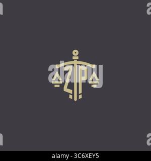 Erstes ZP Logo für Anwaltskanzlei und Anwalt mit kreativer Skala und Schwert Icon Design Vektor Grafik Vektor Grafik Stock Vektor
