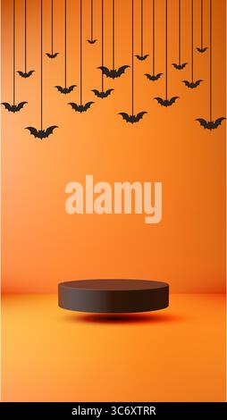 Minimalistische halloween-Szene mit einem schwebenden Podium aus schwarzem Zylinder, orangefarbenem Hintergrund und Fledermaus-Silhouetten, entworfen für Produktpräsentationen, oktober-Mockups Stock Vektor