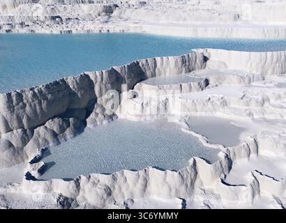 Natürliche Kalksteinformationen mit türkisfarbenem Wasser in mehreren Kaskaden. Die Struktur erscheint geologisch bedeutsam, aus der Luft, sinterterrac Stockfoto