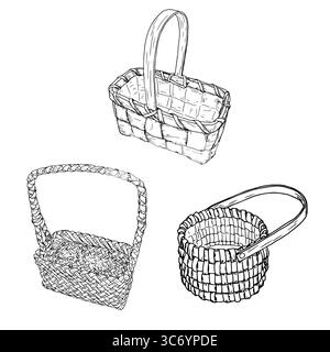 Ein Korbkorb aus Reben mit einem Griff, einer Reihe von schwarz-weißen Silhouetten. Vektorabbildung. Skizziert einen Korb für die Pilze- und au-Ernte Stock Vektor