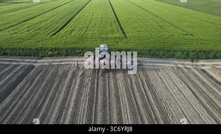 Piacenza, Italien - 23. April 2023 Landarbeiter arbeiten mit einem modernen Traktor auf einem weiten Feld, das den Boden tagsüber für das Anpflanzen unter A vorbereitet Stockfoto