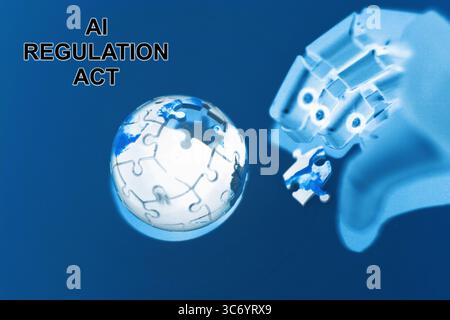 Der Roboter mit einer Kugel, die die Erde darstellt, liegt auf einer Puzzlefläche, die globale Verbindung und Problemlösung symbolisiert. Stockfoto