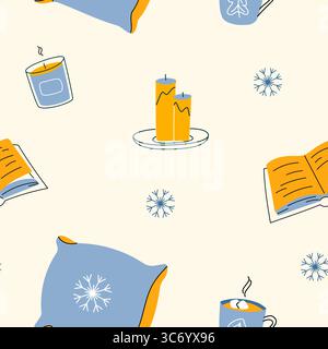 Nahtloses Wintermuster mit warmer Strickkleidung und Schneeflocken im handgezeichneten Doodle-Stil Stock Vektor