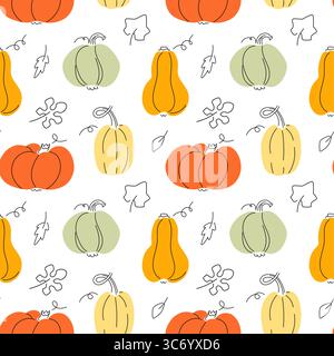 Doodle Kürbisse mit nahtlosem Blattmuster. Herbstfarben modernes Druckdesign. Vektorabbildung Stock Vektor