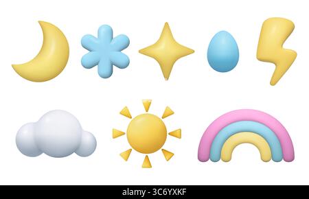 3D Wetter Ikonen Elemente unterstreichen Sonne Mond Wolke Regenbogen Schneeflocken Regentropfen Stern Blitz Stock Vektor