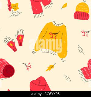 Nahtloses Herbstmuster mit warmem Strickpullover, Schal, Mütze und Handschuhen. Handgezeichneter Stil mit Doodle. Stock Vektor
