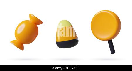 3D Halloween Trick or Treat Süßigkeiten Set. Minimaler Kunststoff-Lutscher, Zuckermais und Karamell in der Verpackung Stock Vektor