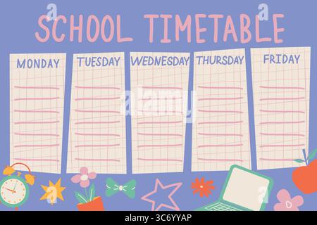 Schulplan, wöchentlicher Unterricht auf violettem Hintergrund. Vektorschulplan mit farbenfrohen Lehrmitteln. Stock Vektor