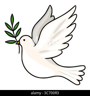 Eine bezaubernde Vektor-Illustration einer weißen Taube mit einem Olivenzweig, dargestellt in einem einfachen, aber ausdrucksstarken Cartoonstil, perfekt für religiöse Zwecke Stock Vektor