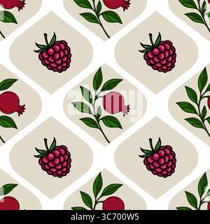 Nahtloses Vektormuster mit Himbeeren und Granatapfelzweigen, angeordnet in einem einzigartigen geometrischen Design mit beigen Rauten auf weißem Hintergrund, c Stock Vektor