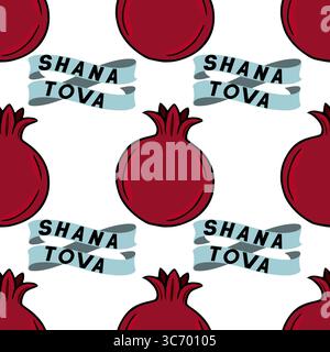 Nahtloses Vektormuster mit stilisierten Granatäpfeln und Shana Tova Bändern, perfekt für Rosh Hashanah Urlaubsdesigns. Stock Vektor
