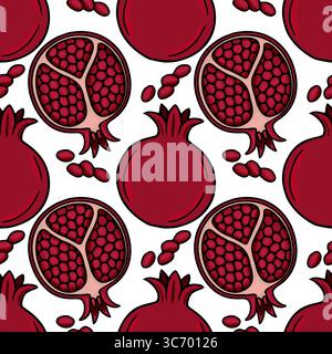 Nahtloses Vektormuster aus saftigen Granatäpfeln und Samen, eine lebendige Illustration perfekt für Rosh Hashanah oder Herbst Designs. Stock Vektor