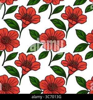 Nahtloses Vektormuster von stilisierten roten Blumen Granatapfel mit grünen Blättern auf einem weißen Hintergrund, wodurch ein lebendiges und elegantes florales Design entsteht. Stock Vektor