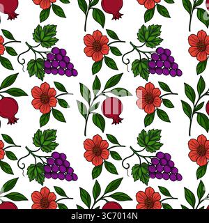 Nahtloses Vektormuster mit leuchtenden roten Blumen, saftigen lila Trauben und Reifen Granatäpfeln, die eine reiche, botanische Illustration perfekt für Stock Vektor