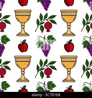 Nahtloses Vektormuster mit goldenen Kelchen, Äpfeln, Trauben und Granatäpfeln, eine lebendige Illustration, die ideal für Rosch Haschana oder andere religiöse Personen ist Stock Vektor