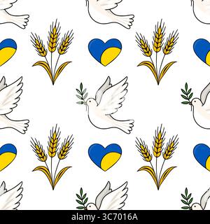 Nahtloses Vektormuster mit Tauben mit Olivenzweigen, Weizenstielen und ukrainischen Herzsymbolen, die Frieden und Hoffnung symbolisieren. Stock Vektor