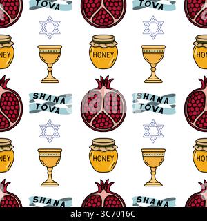 Nahtloses Vektormuster mit handgezeichneten Illustrationen von Granatäpfeln, Honigtöpfen, Bechern und Shana Tova Bändern, mit einem Stern von David, perfekt Stock Vektor