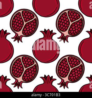 Nahtloses Vektormuster von saftigen Granatäpfeln, mit ganzen Früchten und Querschnitten mit leuchtend roten Samen, ideal für Rosh Hashanah oder autu Stock Vektor