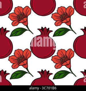Nahtloses Vektormuster aus stilisierten Granatäpfeln und Blumen, perfekt für Rosh Hashanah oder herbstliche Designs, mit kräftigen roten und grünen Farben. Stock Vektor