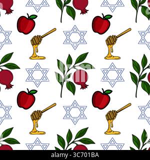 Nahtloses Rosh-Hashanah-Vektormuster mit Äpfeln, Granatäpfeln, Honiglöffel und David-Stern, mit leuchtenden Rot- und Goldtönen für festliche holi Stock Vektor