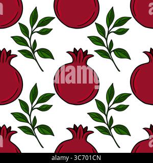 Nahtloses Vektormuster aus handgezeichneten Granatäpfeln und Blättern, perfekt für Rosh Hashanah oder Herbstmotive, mit einer leuchtenden Rot- und Grünfarbe PA Stock Vektor