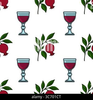 Nahtloses Vektormuster mit stilisierten Granatäpfeln und Saftgläsern, perfekt für Rosh Hashanah oder Herbstmotive. Stock Vektor