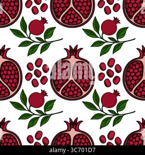 Nahtloses Vektormuster von Granatäpfeln, Samen und Blättern, perfekt für Rosh Hashanah oder Herbst Designs, mit einer leuchtenden roten und grünen Farbpalette Stock Vektor