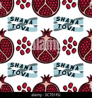 Nahtloses Vektormuster mit handgezeichneten Granatäpfeln und Shana Tova Bändern, perfekt für Rosh Hashanah Feiern, mit einem einzigartigen Vintage-Stil Stock Vektor