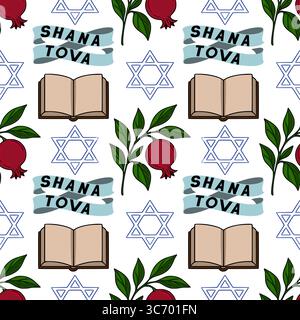 Nahtloses Vektormuster mit Granatäpfeln, offenen Büchern, Star of David Symbolen und Shana Tova Bändern, entworfen in einem handgezeichneten Stil für Rosh Hashanah Stock Vektor