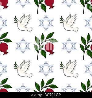 Nahtloses Vektormuster mit Tauben mit Olivenzweigen, Granatäpfeln und Davidstern-Symbolen, perfekt für Rosch Haschana oder jüdische Feiertagsdesi Stock Vektor