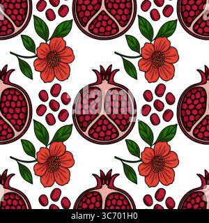 Nahtloses Vektormuster von Granatapfelhälften, roten Blüten und Samen, ideal für Rosh Hashanah oder Herbst Designs. Stock Vektor