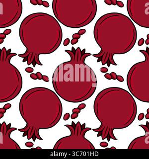 Nahtloses Vektormuster aus stilisierten Granatäpfeln und Samen, perfekt für Rosh Hashanah oder Herbstmotive, mit kräftigen Rottönen und einem handgezeichneten aest Stock Vektor